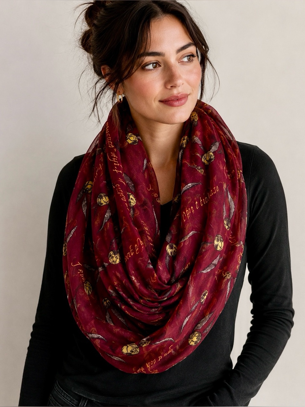 Harry Potter/Warner Bros. Burgundy Infinity Scarf Gold and Gray Feather Motif